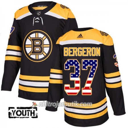 Barn Ishockey Boston Bruins Tröja Patrice Bergeron 37 Adidas 2017-2018 Svart USA Flag Fashion Authentic